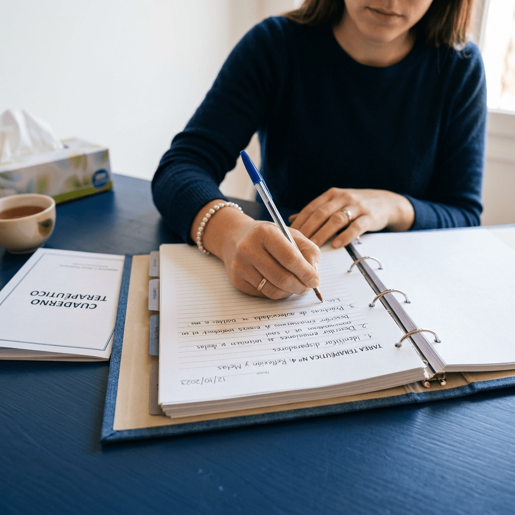 Woman writing in a therapeutic workbook labeled “Cuaderno Terapéutico”